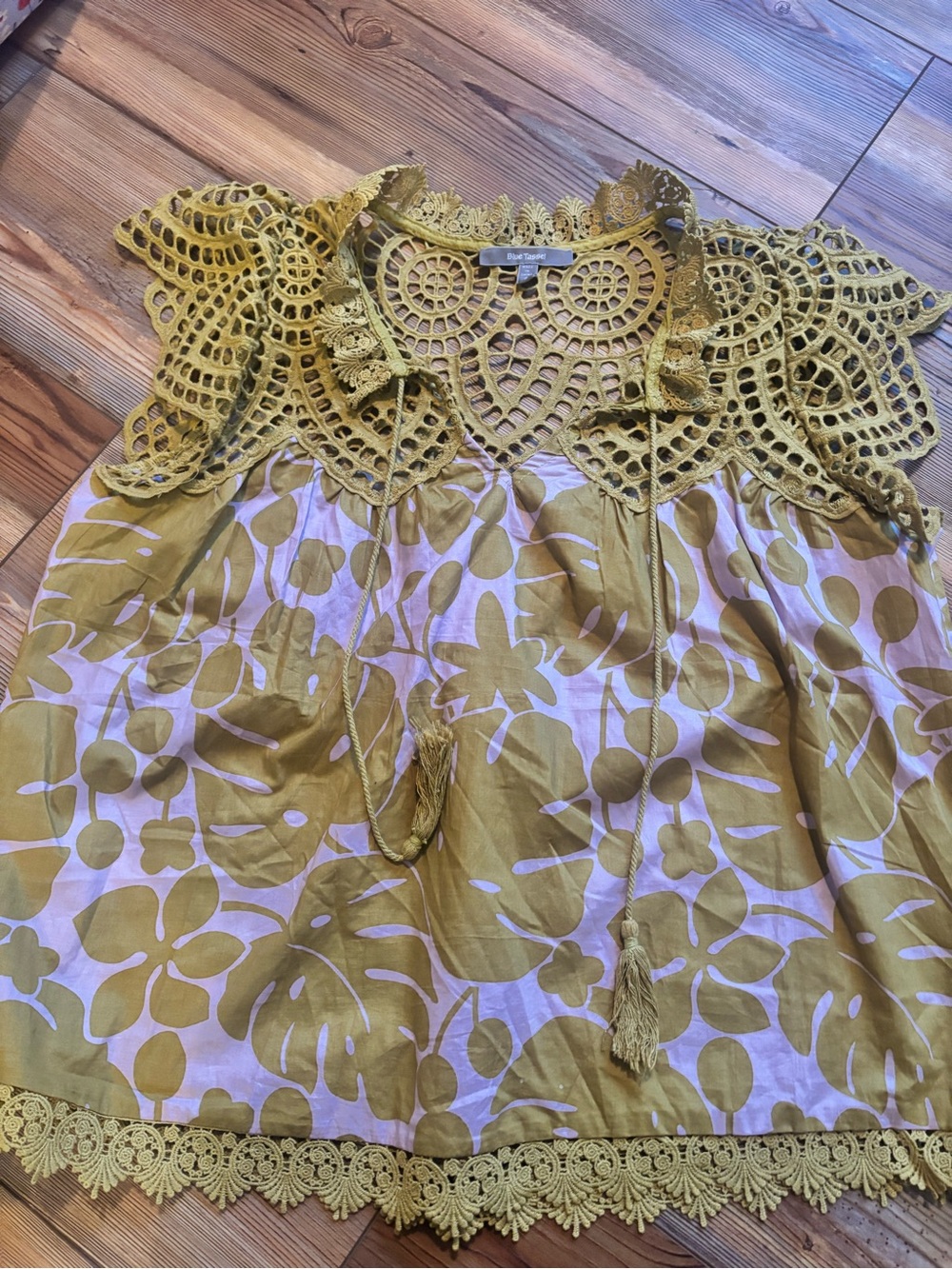 Boho Crochet Yoke Floral Peasant Top in Mustard - Unknown Brand